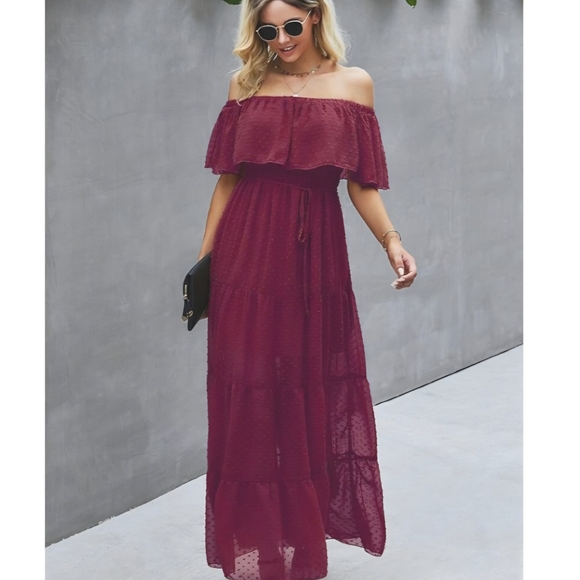 Burgandy Summer Off-Shoulder Maxi Dress Sheer - Picture 2 of 4